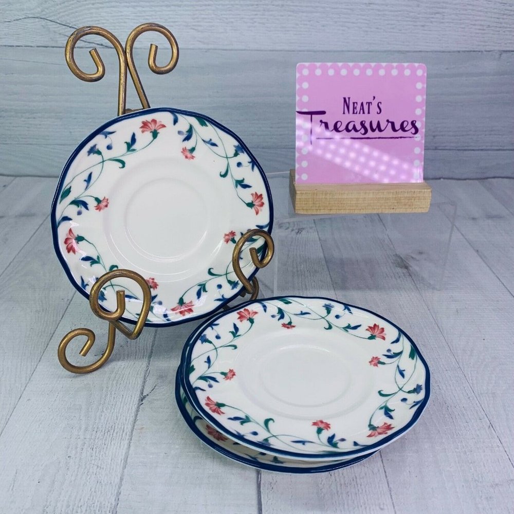 90's Epoch GARDEN GROVE E803 Pink Blue Flowers Floral Saucer Plates Set of 4